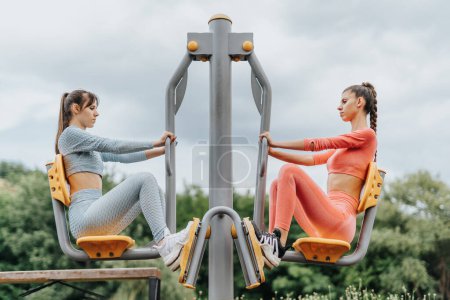 Chicas jóvenes y en forma entrenan juntas en un parque de la ciudad: correr, estirarse y hacer ejercicios de cardio. Inspiran un estilo de vida saludable con su energía y motivación.