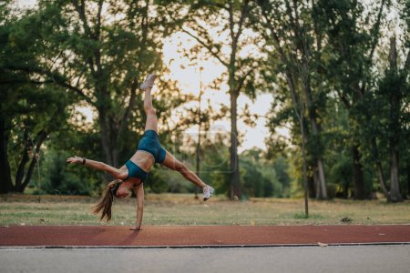 Energetic Girl Show Off Impressive Flexibility and Strength in Outdoor Exercise Routine