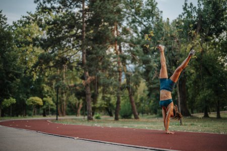 Fit girl effectuer 360 degrés flips et roues lors d'une séance d'entraînement en plein air en soirée, mettant en valeur leurs corps athlétiques et inspirant un mode de vie sain.