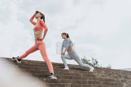 Fit Girls Exercising on Stairs in Urban Environment - Active and Confident Athletes Training Outdoors in the City