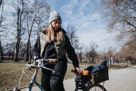 Active woman with bicycle relaxing in park setting having a break during autumn day.
