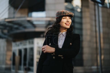 Stylish young businesswoman exuding confidence and happiness, dressed in a fashionable suit with a classic hat in a city environment.