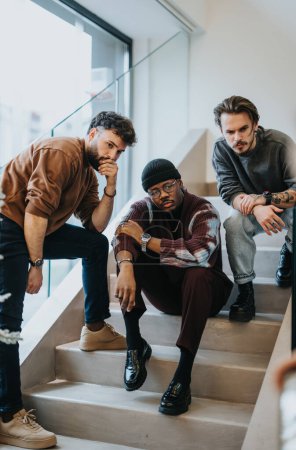 A trio of fashion-forward young adults casually sitting on staircase in a modern setting, exuding cool confidence and urban style.