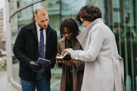 Three diverse business colleagues collaborate on a project outside an office building, sharing ideas using a tablet and notepad.