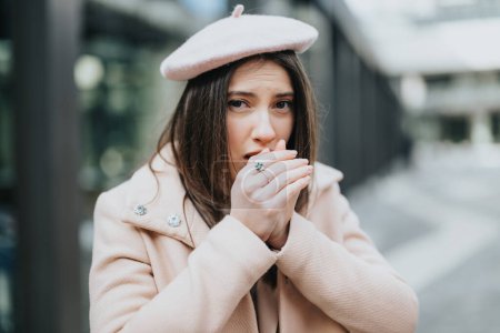Fashionable young woman in a chic beret and pastel coat warming her hands on a cold day, with an urban backdrop.
