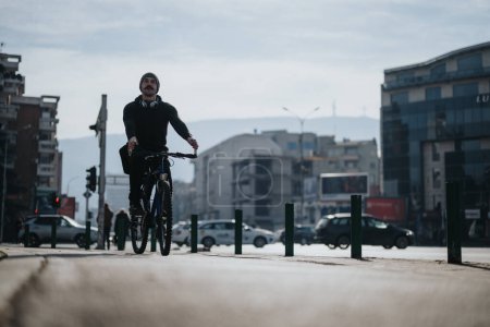 A focused man cycling on a city street with cars and urban buildings in the background, portraying an eco-friendly commute.