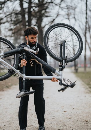 A businessman in professional clothing holds a mountain bike, showcasing a balance between work and a healthy lifestyle in an outdoor setting.