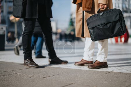 A close-up of two stylish businessmen legs and hands, holding briefcases, engaging in a meeting outdoors, showcasing their professional and fashion-forward work attire.