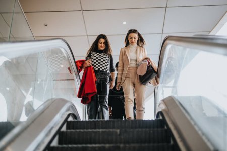 Two professional women walking down an escalator in a modern business environment.