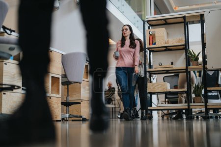 Confident young woman with glasses strolls through a contemporary office space, coffee in hand, amidst busy colleagues.