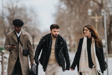 Fashionably dressed friends enjoy a leisurely walk down a city path in the cool weather, exuding a sense of camaraderie and urban lifestyle.
