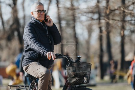 Reifer Mann genießt einen sonnigen Tag im Park, macht eine Pause auf seinem Fahrrad, um ein Gespräch auf seinem Smartphone zu führen.