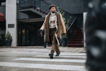 Fashionable young man with a beard walking across the pedestrian crossing during snowfall, showcasing winter street style.