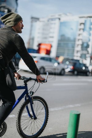 Urban cyclist in casual attire riding a mountain bike in the city, showcasing an eco-friendly mode of transportation against a backdrop of city traffic.