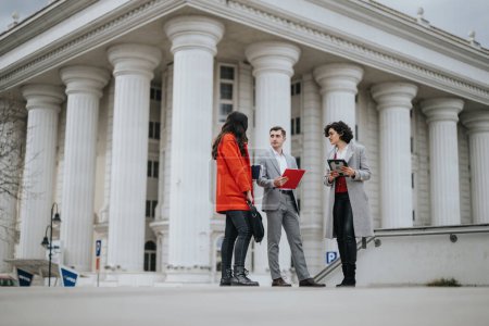 Drei Anwälte nehmen an einem professionellen Treffen außerhalb eines klassischen Gerichtsgebäudes teil und arbeiten an rechtlichen Dokumenten.