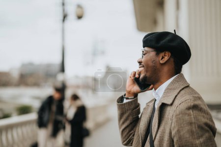 Cheerful African American businessman in stylish attire and beret having a pleasant phone call while standing on a city bridge.