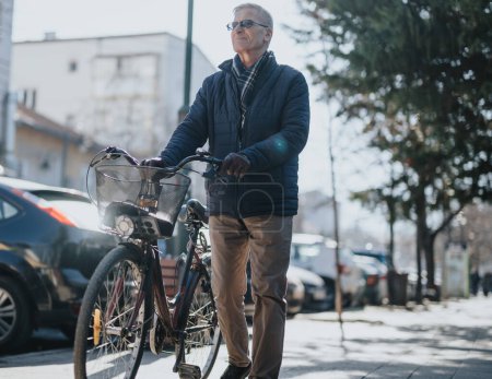 Un anciano de pie con su bicicleta en una calle de la ciudad, disfrutando de un día soleado y luminoso. La escena captura un sentido de estilo de vida activo e independencia.