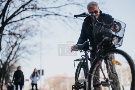 An elderly gentleman confidently rides his bike, enjoying leisure time outdoors. A concept of active senior lifestyle and urban commuting.