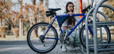 Active young adult securing her blue bicycle with a lock at a public bike parking area amidst an urban park setting.