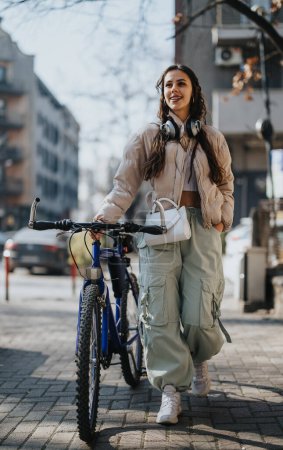 Une jeune femme joyeuse profite d'une journée ensoleillée tout en marchant avec son vélo dans un cadre de ville, écouteurs autour de son cou.