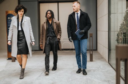 Drei multiethnische Geschäftsleute in stylischer Herbstmode spazieren selbstbewusst gemeinsam vor einem modernen Bürogebäude.