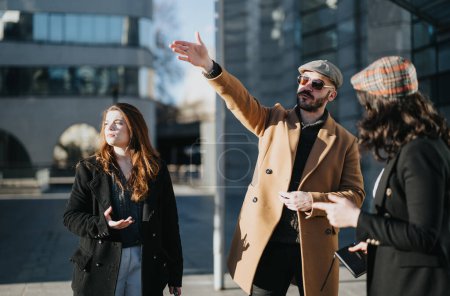 A group of young entrepreneurs engaging in a collaborative discussion outside modern urban buildings, showcasing teamwork and remote work dynamics.