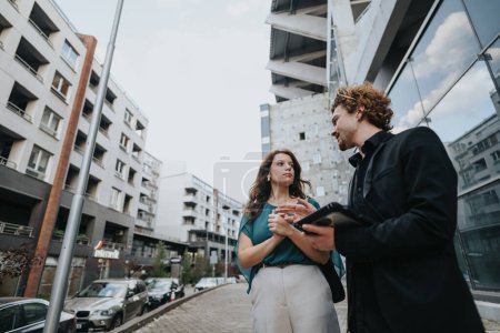 Ein junges Paar diskutiert seine Wachstumsstrategie, während es durch eine urbane Stadt läuft. Sie sammeln beharrlich Informationen und analysieren ihre Marktforschung, um ihr kleines Geschäft auszuweiten.