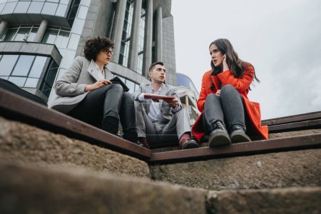 Drei Wirtschaftsprofis diskutierten ernsthaft, während sie auf einer Freitreppe saßen und Dokumente mit einem modernen Bürogebäude im Hintergrund betrachteten..