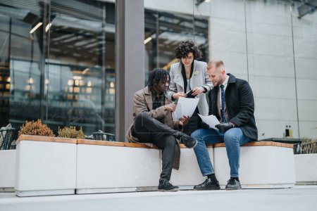 Tres colegas de negocios multiculturales revisan documentos fuera de una oficina. Enfoque en el trabajo en equipo y la colaboración en un entorno informal.