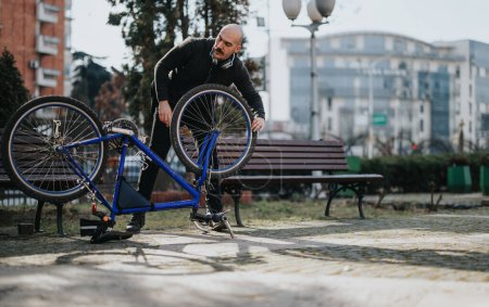 Ein Mann mittleren Alters befestigt eine Kette an seinem umgestürzten Fahrrad in einem Stadtpark und stellt Alltagsprobleme und urbanes Radfahren dar.