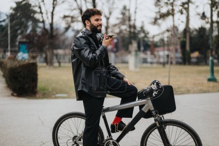 Ein angesagter männlicher Unternehmer macht eine Kaffeepause, während er in einem Stadtpark auf seinem Fahrrad sitzt.
