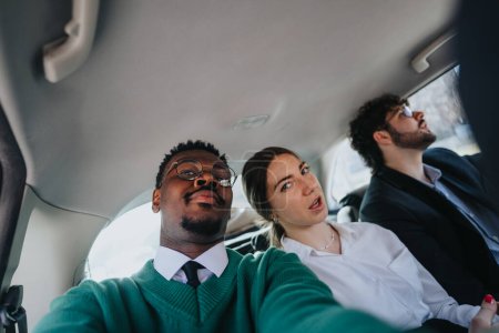 Groupe diversifié de gens d'affaires partageant une balade en voiture, éventuellement à une réunion ou à un événement d'entreprise.