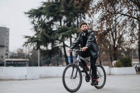 A trendy male business entrepreneur on a bicycle portrays an eco-conscious business person embracing sustainable transportation.