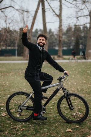 Business entrepreneur takes a break for a bike ride outdoors, showcasing work-life balance.