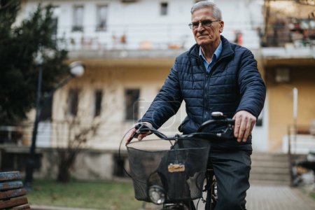 Homme âgé actif profitant d'une balade à vélo en ville en tenue décontractée.