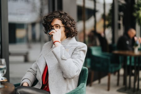 Jungunternehmerin in Businesskleidung schlürft Kaffee vor einem Café und stellt einen Moment der Besinnung an einem geschäftigen Tag dar.