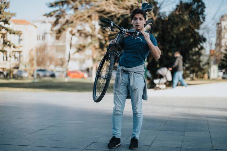 Joven adulto macho transporta bicicleta sobre el hombro a través del parque urbano con cielo azul claro en el fondo