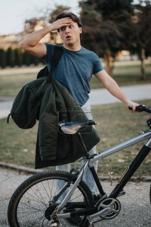 Un hombre sobresaltado se para con su bicicleta en un parque, sombreando los ojos y mirando a la distancia.