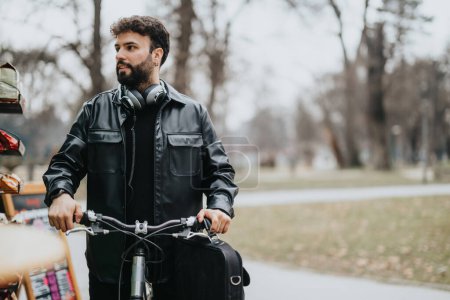 Elegante empresario masculino aprovecha un hermoso entorno de parque para trabajar al aire libre, con una bicicleta y auriculares.