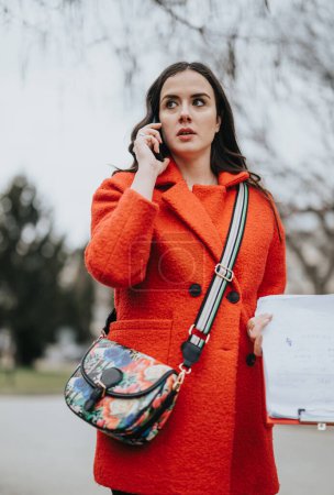 Modern entrepreneur engaging in a phone conversation while holding documents outside in a red coat.