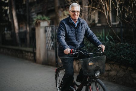 A vibrant, elderly gentleman smiles confidently while riding his bike, showcasing a healthy, active lifestyle against an urban backdrop.