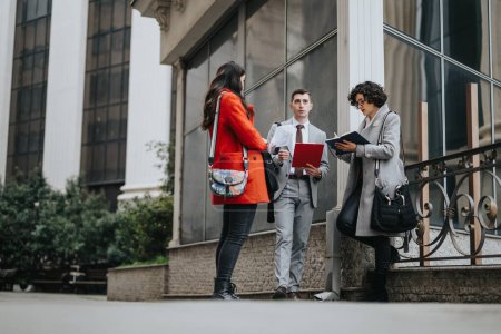 Drei Unternehmensmitarbeiter diskutieren im Freien auf Stufen, mit Dokumenten und einem Stadtbild im Hintergrund.