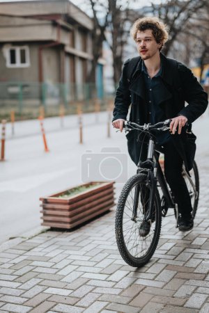 A modern professional commuting to work on a bicycle, promoting sustainable urban transport.