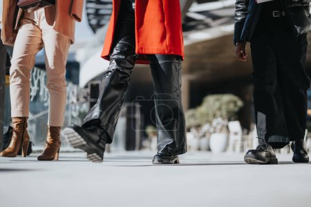 Vue en angle bas d'un groupe de personnes marchant dans une rue de la ville, capturant le mouvement et les styles de mode urbaine.