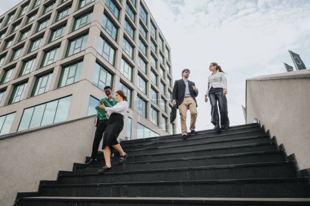 Un equipo de startups motivado participa activamente en una discusión de negocios al aire libre, bajando escaleras junto a un moderno edificio de oficinas.