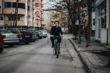Ciclista masculino profesional en atuendo de negocios que monta una bicicleta en una calle urbana, promoviendo el transporte sostenible.