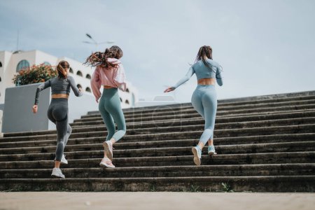Aktive junge Freunde in Trainingsausrüstung joggen in urbaner Umgebung Stufen hinauf und trainieren für Gesundheit und Fitness