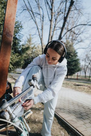 A young woman wearing a white hoodie and sweatpants locks her bike in a sunny park, with headphones on, showcasing an active lifestyle.