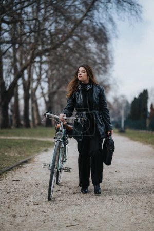 Elegant businesswoman with a classic bicycle in a city park, showcasing sustainable urban commuting.
