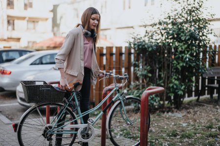 A young adult woman is seen securing her bike in a city setting, with cars and greenery surrounding her.